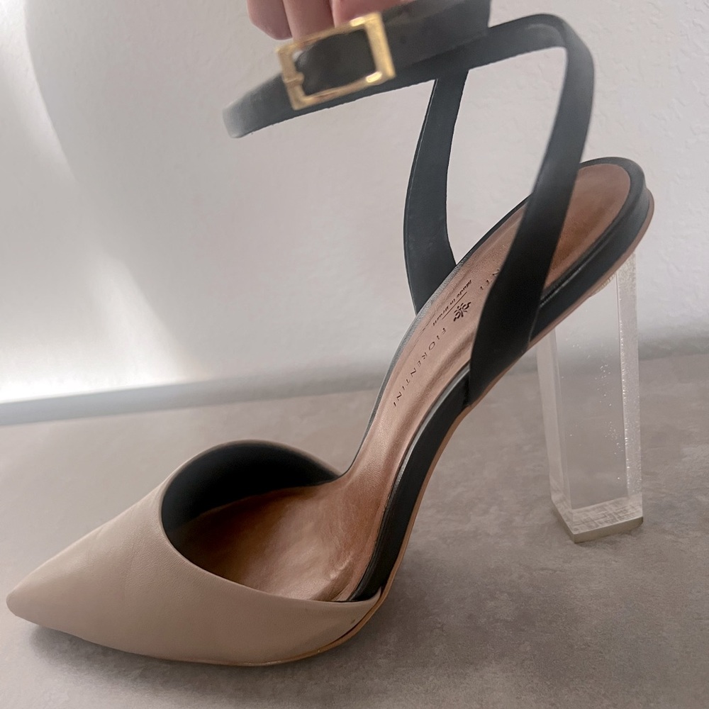 Mercanti Florentini tan, black sling back with clear heel